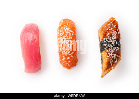 Creative layout with various sushi on white background. Shrimp, eel, tuna. Stock Photo