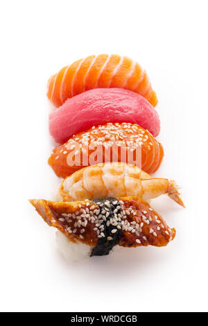 Creative layout with various sushi with eel, shrimp, salmon and tuna  on white background Stock Photo