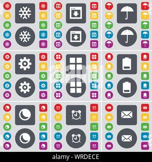 Snowflake, Window, Umbrella, Gear, Apps, Battery, Moon, Alarm clock, Message icon symbol. A large set of flat, colored buttons for your design. Vector Stock Vector