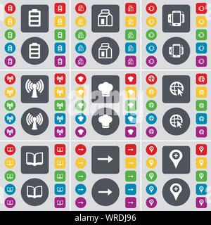 Battery, Packing, Smartphone, Wi-Fi, Cooking hat, Web cursor, Book, Arrow right, Checkpoint icon symbol. A large set of flat, colored buttons for your design. Vector Stock Vector
