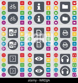Bicycle, Information, Folder, Speaker, File, Printer, Arrowr right, Vision, Headphones icon symbol. A large set of flat, colored buttons for your design. Vector Stock Vector