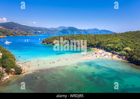 Aerial view of iconic paradise sandy beaches with turquoise sea in complex islands of Agios Nikolaos and Mourtos in Sivota area, Epirus, Greece Stock Photo