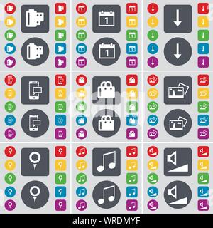 Negative films, Calendar, Arrow down, SMS, Bag, Picture, Checkpo icon symbol. A large set of flat, colored buttons for your design. Vector Stock Vector