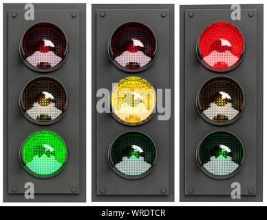 Set of three lit UK traffic lights sequence showing Green, Amber and Red in turn on a white background Stock Photo