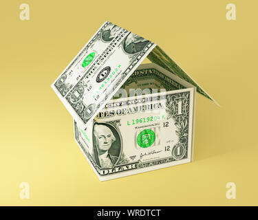 Simple house shape made from money, four US One Dollar Bills Stock Photo