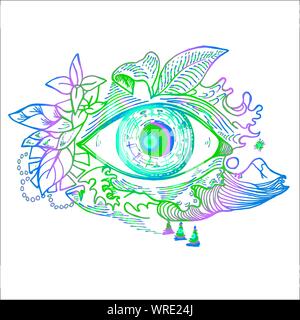 Color picture of an cosmic eye on a background of a landscape. Psychodynamic background Stock Vector
