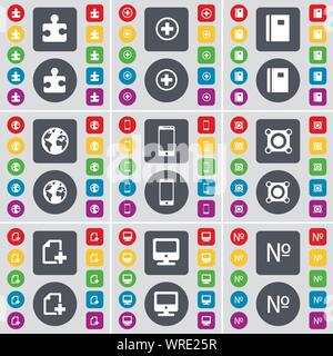 Puzzle part, Plus, Notebook, Earth, Smartphone, Speaker, File, Monitor, Number icon symbol. A large set of flat, colored buttons for your design. Vector Stock Vector