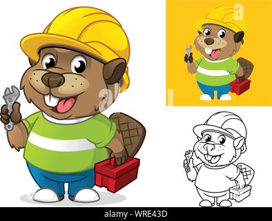 Beaver with Safety Gear Holding Repair Equipment Cartoon Character Mascot Illustration, Including Flat and Line Art Designs, Vector Illustration. Stock Vector
