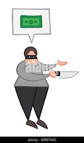 Vector illustration thief holding knife and wants money. Hand drawn. Colored outlines. Stock Vector