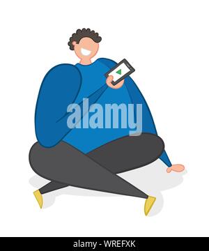 Vector illustration sitting and watching video on smartphone. Hand drawn. Colored outlines. Stock Vector