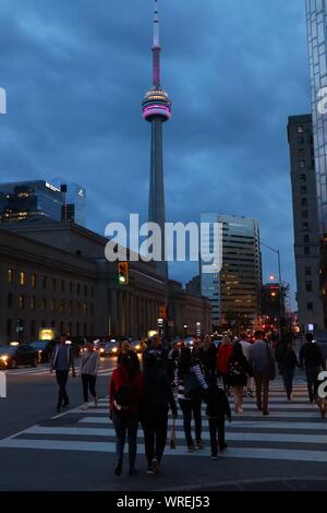 A brightly-lit CN Tower at night in Toronto, Canada Stock Photo - Alamy
