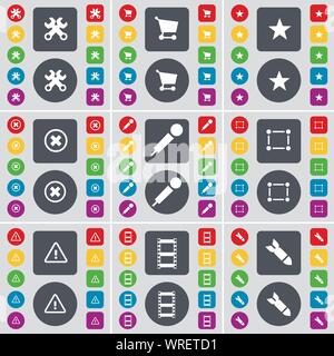 Wrench, Shopping cart, Star, Stop, Microphone, Frame, Warning, Negative films, Rocket icon symbol. A large set of flat, colored buttons for your design. Vector Stock Vector