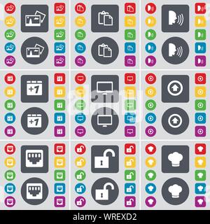 Picture, Survey, Talk, Plus one, Monitor, Arrow up, LAN socket, Lock, Cooking hat icon symbol. A large set of flat, colored buttons for your design. Vector Stock Vector