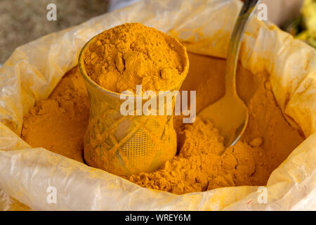 Turmeric powder for sale in a bazaar, Lahic, Azerbaijan, Stock Photo