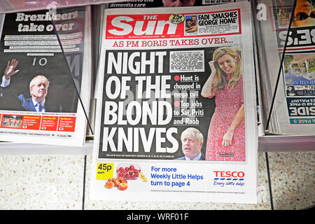 The Sun newspaper headline Boris Johnson 'Night of the Blond Knives' Cabinet Jeremy Hunt cull &Carrie Symonds partner London England 25 July 2019 UK Stock Photo