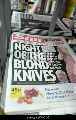 The Sun newspaper headline Boris Johnson 'Night of the Blond Knives' Cabinet cull and Carrie Symonds partner London England 25 July 2019 UK Stock Photo
