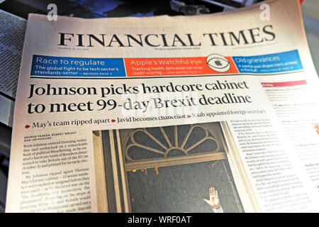 Financial Times headline Tory PM Boris 'Johnson picks hardcore cabinet to meet 99 - day Brexit deadline' 25th July 2019 London England UK Stock Photo