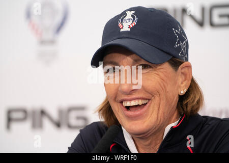 Auchterarder, Scotland, UK. 10 September 2019. Press conference by team at Gleneagles. Pictured Team USA Captain Juli Inkster. Iain Masterton/Alamy Live News Stock Photo