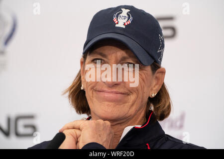 Auchterarder, Scotland, UK. 10 September 2019. Press conference by team at Gleneagles. Pictured Team USA Captain Juli Inkster. Iain Masterton/Alamy Live News Stock Photo