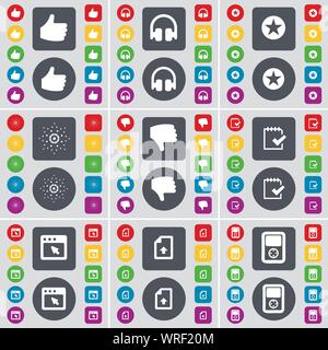 Like, Headphones, Star, Dislike, Survey, Window, Upload file, Player icon symbol. A large set of flat, colored buttons for your design. Vector Stock Vector
