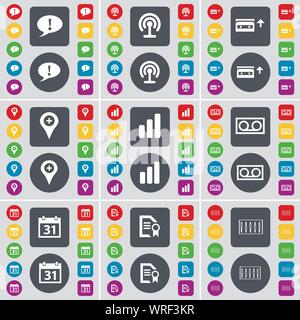 Chat bubble, Wi-Fi, Cassette, Checkpoint, Diagram, Calendar, Text file, Equalizer icon symbol. A large set of flat, colored buttons for your design. Vector Stock Vector