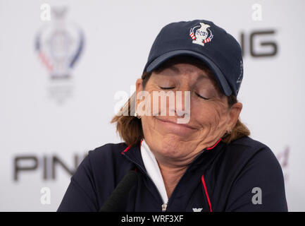 Auchterarder, Scotland, UK. 10 September 2019. Press conference by team at Gleneagles. Pictured Team USA Captain Juli Inkster. Iain Masterton/Alamy Live News Stock Photo