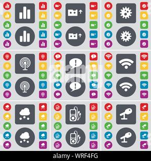 Diagram, Cassette, Gear, Wi-Fi, Chat bubble, Wi-Fi, Cloud, MP3 player, Microphone icon symbol. A large set of flat, colored buttons for your design. Vector Stock Vector