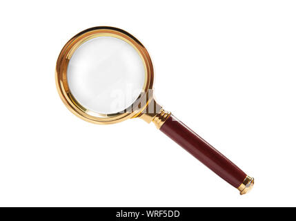 Magnifying glass isolated on white. Old fashioned brass loupe Stock Photo