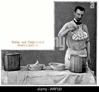 Surgical operation preparation - not only instruments, but also linens, dressings amd compresses were sterilized with a boiling procedure introduced at the end of 19th century Stock Photo