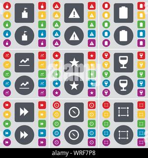 Flag tower, Warning, Battery, Graph, Star, Wineglass, Rewind, Compass, Frame icon symbol. A large set of flat, colored buttons for your design. Vector Stock Vector