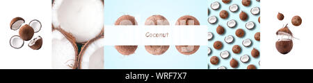Creative layout made of coconut on blue background. Flat lay. Food concept. panoramic image Stock Photo
