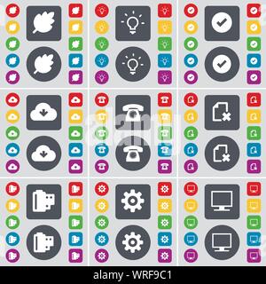 Leaf, Light bulb, Tick, Cloud, Retro phone, File, Negative films, Gear, Monitor icon symbol. A large set of flat, colored buttons for your design. Vector Stock Vector