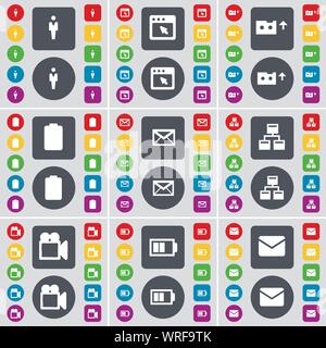 Silhouette, Window, Cassette, Battery, Message, Network, Film camera icon symbol. A large set of flat, colored buttons for your design. Vector Stock Vector