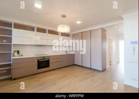 Russia, Moscow- June 15, 2018: interior room apartment. standard repair decoration in hostel. kitchen and dining room Stock Photo