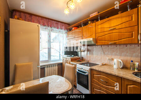 Russia, Moscow- June 15, 2018: interior room apartment. standard repair decoration in hostel. kitchen and dining room Stock Photo