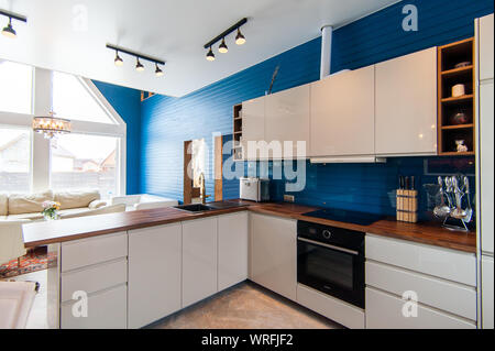 Russia, Moscow- June 15, 2018: interior room apartment. standard repair decoration in hostel. kitchen and dining room Stock Photo