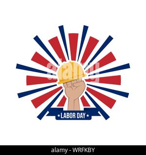 Happy labor day vector label with hand and safety helmet isolated on white background Stock Vector