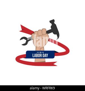 Happy labor day vector label with hand holding a tools isolated on white background Stock Vector
