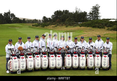 Team USA captain Juli Inkster (centre) poses for a photo with her team during preview day two of the 2019 Solheim Cup at Gleneagles Golf Club, Auchterarder. Stock Photo