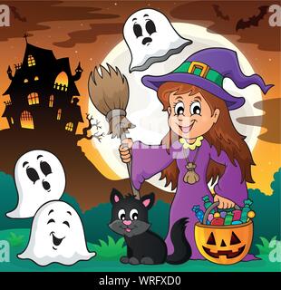Cute witch and cat with ghosts 1 Stock Vector