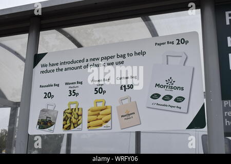 Morrison's supermarket have a range of alternatives to plastic carrier bags, ranging in price from 20p to £1.50. Stock Photo