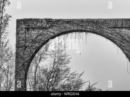 Black and white,abstract, background image of a brick arch and trees. Stock Photo