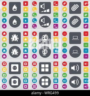 Fire, Volume, Clip, Bug, Globe, Laptop, Socket, Apps, Sound icon symbol. A large set of flat, colored buttons for your design. Vector Stock Vector