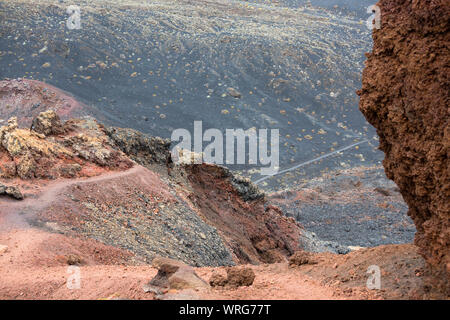 Trail to the peak of the colorful crater of the volcano Teneguia in the south of La Palma. Stock Photo