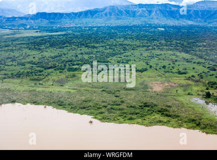 Aerial view of the shore of Abaya Lake and plantations near Arba Minch, Ethiopia. Stock Photo