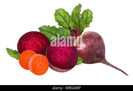 Beetroot and carrot with leaves isolated on white Stock Photo