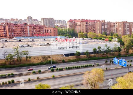 Madrid, Spain- August 25, 2019: Facade of a shopping center, with the AlCampo supermarket in the foreground. Stock Photo