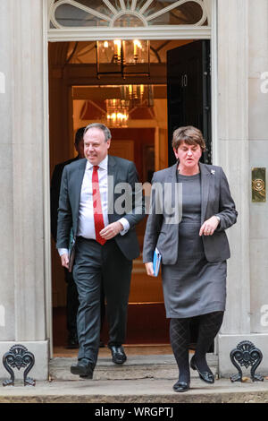 Westminster, London, 10th Sep 2019. DUP leader Arlene Foster and Deputy leader Nigel Dodds leave No 10 Downing Street in Westminster, said to have been meeting Prime Minister Boris Johnson. The DUP is currently in a government coalition with the Conservative Party. Credit: Imageplotter/Alamy Live News