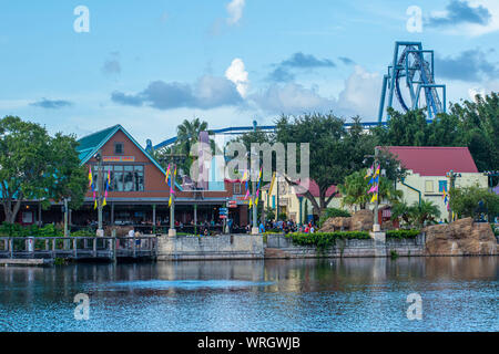 Orlando, Florida. August 31, 2019. Panoramic view of Manta Ray rollercoaster, Seafire Grill and colorful buildings at Seaworld Stock Photo