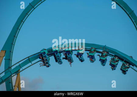 Orlando, Florida. August 31, 2019. People enjoying loop in amazing Kraken rollercoaster at Seaworld Stock Photo